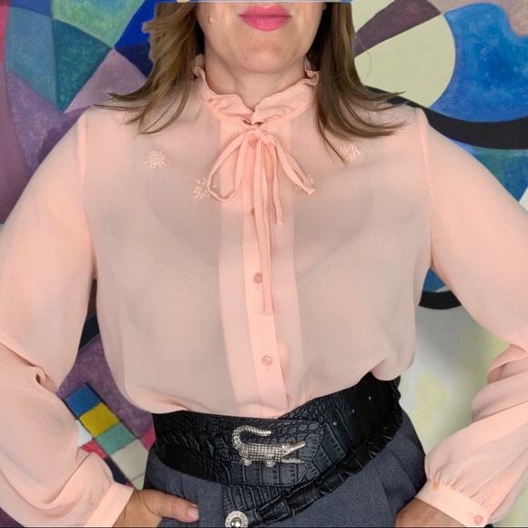 Vintage Tops - Vintage 70’s Kay Kerr Ruffled Sheer Pink Tie Neck Long Sleeve Shirt Fits Size M